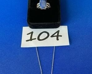 Aquamarine ring Sz. 8.5; Blue stone ring Sz. 8; White sapphire necklace $18