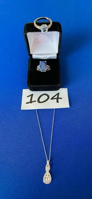 Aquamarine ring Sz. 8.5; Blue stone ring Sz. 8; White sapphire necklace $18