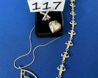 Fleur di lis bracelet; heart pendant; garnet & silver pendant; green turquoise necklace $20