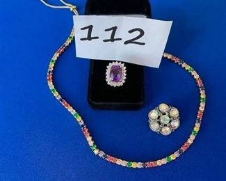 gemstone necklace; lusaka amethyst ring Sz. 8.5; rhinestone pin $20
