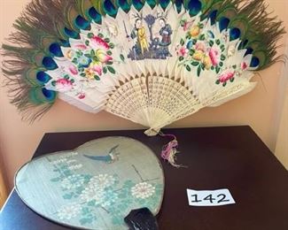 Oriental handpainted fan w/peacock feathers 1920's; Late Victorian fan early 1900's $35