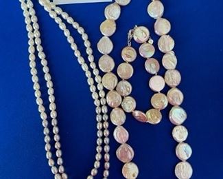Pearl coin bracelet and necklace and two-toned natural pearl necklace $15