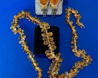 Citrine tear drop graduated beads 27" long and costume earrings $50