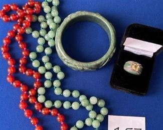 Jadeite and carnelian necklaces, jadeite bracelet and Jade and Lemon Quartz ring 8.5 $65
