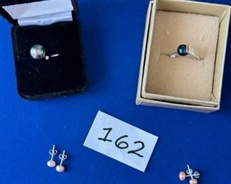 Cultured Tahitian pearl with white topaz ring; black cultured freshwater pearl ring Sz 8.5; two sets of pink pearl earrings $25
