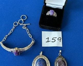 Purple turquoise adjustible bracelet; purple turquoise ring; 2 pendants amythest and sanostone $18