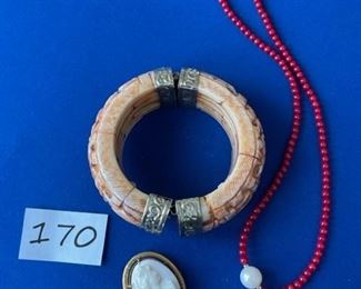 Carnelian and pearl necklace; Vintage cameo (pink background) Bracelet made in India $25
