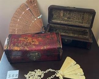 Oriental trinket storage boxes and antique fans $40