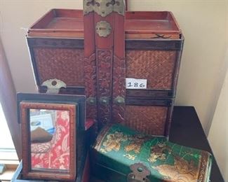 Oriental trinket storage boxes and stack basket $30