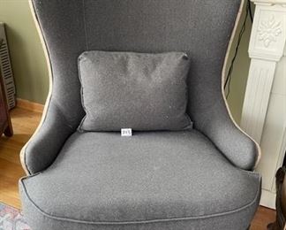 Park Manor Wing-back chairs; grey wool felt fabric w/white washed wood (slightly worn fabric, need re-upholstery) $200
