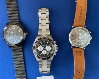 Benyar Watch (brown band), Michael Kors watch (silver metal) Balmer Watch (black band) $45