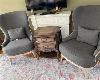 Park Manor Wing-back chairs; grey wool felt fabric w/white washed wood (slightly worn fabric, need re-upholstery) $200 for pair