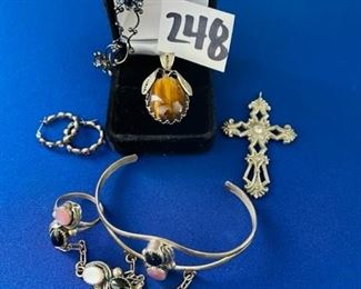 Silver ring and bracelet combo, tiger eye pendant, earrings $20