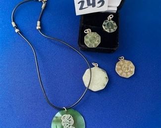 Green pendant necklace and silver wrapped charms (natural stone) $10