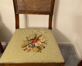 Vintage antique caned back chair with needlepoint cushion 