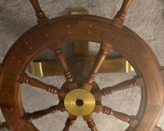 Wonderful wood brass and glass ships wheel table 