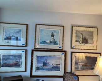 Large collection of ships, and lighthouse signed prints/Leo Kuschel and Robert Creedy 