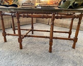 Faux Bamboo vintage glass wood and brass coffee table#unique#vintage#Brass#Glass#furniture