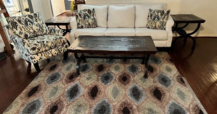 Beautiful Soda, Occasional Chair, Rug & Heavy Wood Iron & Slate Coffee Table, Matching End Tables & Sofa Table
