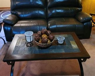 Leather Double Power Recliner, Slate Coffee Table