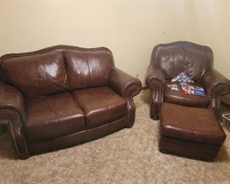 Leather Loveseat, Leather Chair w/ Ottoman