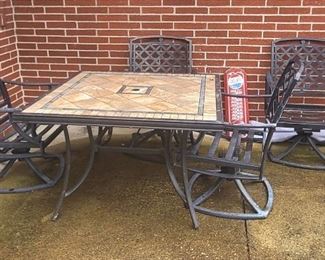 1 of 5 Pictures - Tile top patio table and 4 swivel chairs (aluminum), Cushions, Umbrella and Base