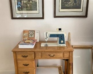 Singer Sewing Machine in cabinet, bed tray