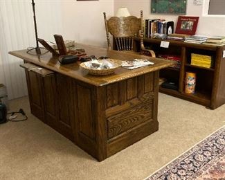 Oak Executive Desk with pull out writing trays, Oak Executive Swivel Desk Chair and Oak bookcase