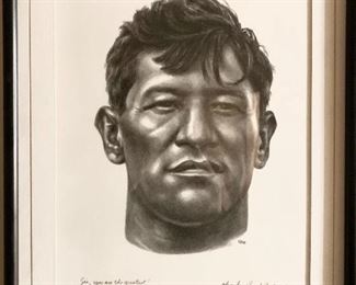 “Sir, you are the greatest!” by Charles Banks Wilson, 1975, signed lithograph featuring Jim Thorpe,  Sac and Fox Nation member, NFL hero, first Native American Olympic Gold Medalist and first President of the NFL. He also played six seasons of Major League Baseball. His full size portrait hangs in the Oklahoma State Capital Building. 
