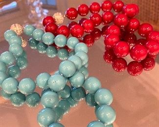 Heavy ceramic bead necklaces with rhinestone ball clasps