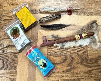 Native American peace pipe with accessories
