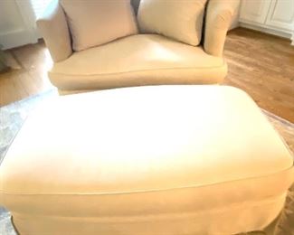 Cream linen “chair and a half” w/ottoman