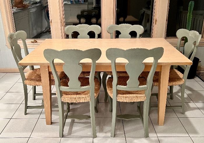 Domain Furniture Table & (6) Chairs with Sage Green Rush Seats
