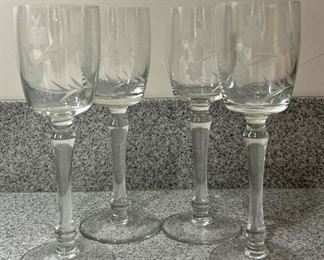 (4) Etched Glass Wine Glasses