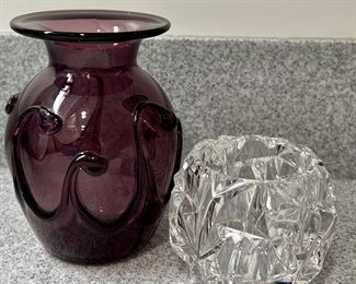 Signed Art Glass Vase (left) & Tiffany & Co. Votive (right)