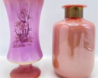 2 Vintage Glass Vases: Hand Painted From Portugal & Hand Blown Lusterware With Metal Neck
Lot #: 79