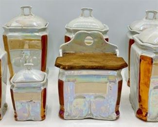 Vintage White Block Lusterware Ginger Jar, Vinegar Cruet, Sugar Bowl & Recipe Box & 4 Canisters, Germany:
Lot #: 80