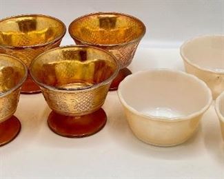 5 Vintage Carnival Glass Embossed Dessert Bowls & 3 Fireking By Anchor Hocking Small Bowls
Lot #: 75