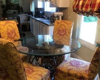 Beautiful glass-topped table and custom slip-covered parsons chairs (slipcover easily removed; chairs are tan and have never been left uncovered) 