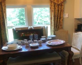 Custom window treatments and hardware; dining table (not shown with leaf); assorted platters