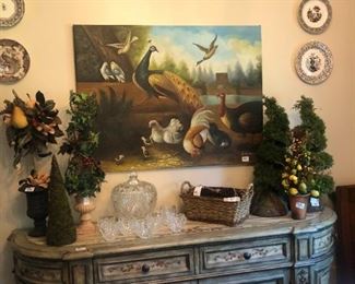 Beautiful hand-painted sideboard; assorted topiaries; plates (hardware included)