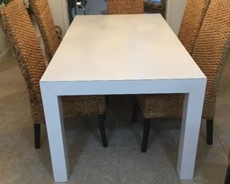 6 hemp covered chairs and vintage white laminate Parsons table 