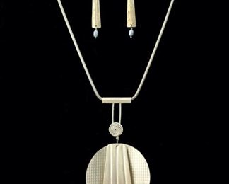 Modernist Sterling Silver Pearl Necklace Earring Set 