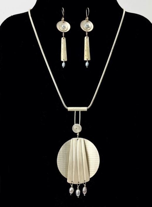 Modernist Sterling Silver Pearl Necklace Earring Set 
