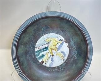 Art Deco MCM A. Thomsen Bronze Bowl With Playing Polar Bears Playing in Snow insert 