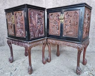 Vintage Carved Asian End Side Cabinets