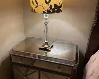Another view of the mirrored nightstand and lamp