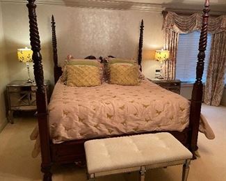 4-poster King bed frame, mirrored nightstands, crystal and stainless table lamps, mirrored bench with upholstered seat, custom duvet and pillow shams and silk Euro shams