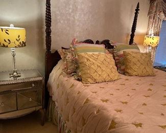 4-poster bed frame, custom coverlet, 3 sets of shams and silk bed skirt, mirrored nightstands - 2 available, and 2 crystal and stainless lamps - matched set