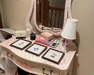 Vintage vanity desk with Royal Dolton lamp, and framed prints